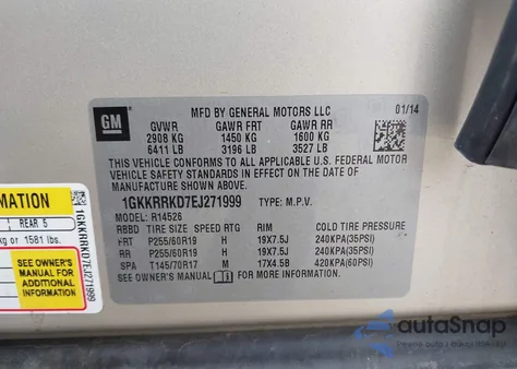 2014 GMC Acadia Slt-1 из США, поврежденный, VIN 1GKKRRKD7EJ271999